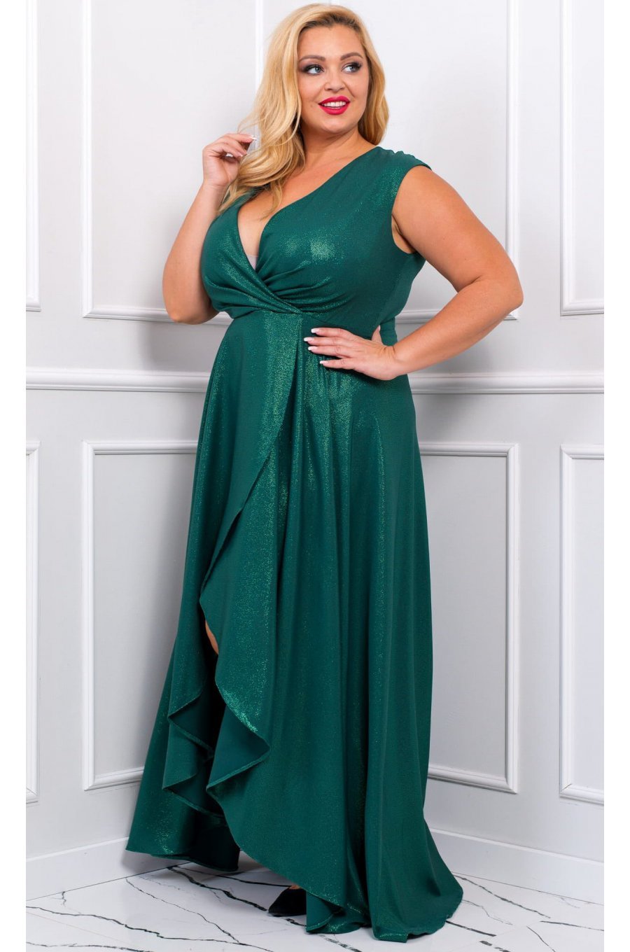 Rochie lunga verde din brocard asimetrica Gracia 3 - jojofashion.ro