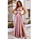 Rochie eleganta lunga, din satin, roz prafuit, cu corset, Karenina 2 - jojofashion.ro