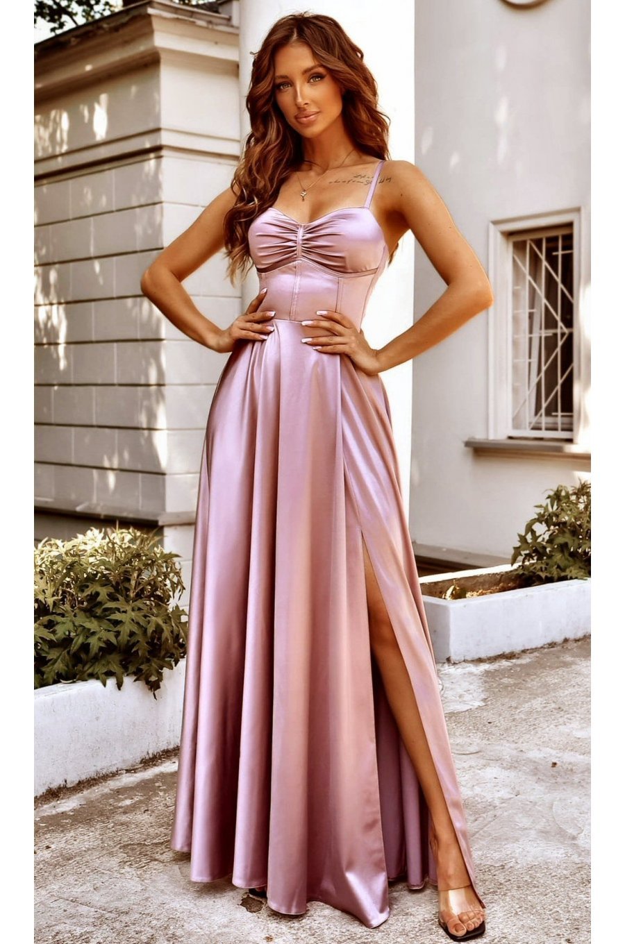 Rochie eleganta lunga, din satin, roz prafuit, cu corset, Karenina 1 - jojofashion.ro