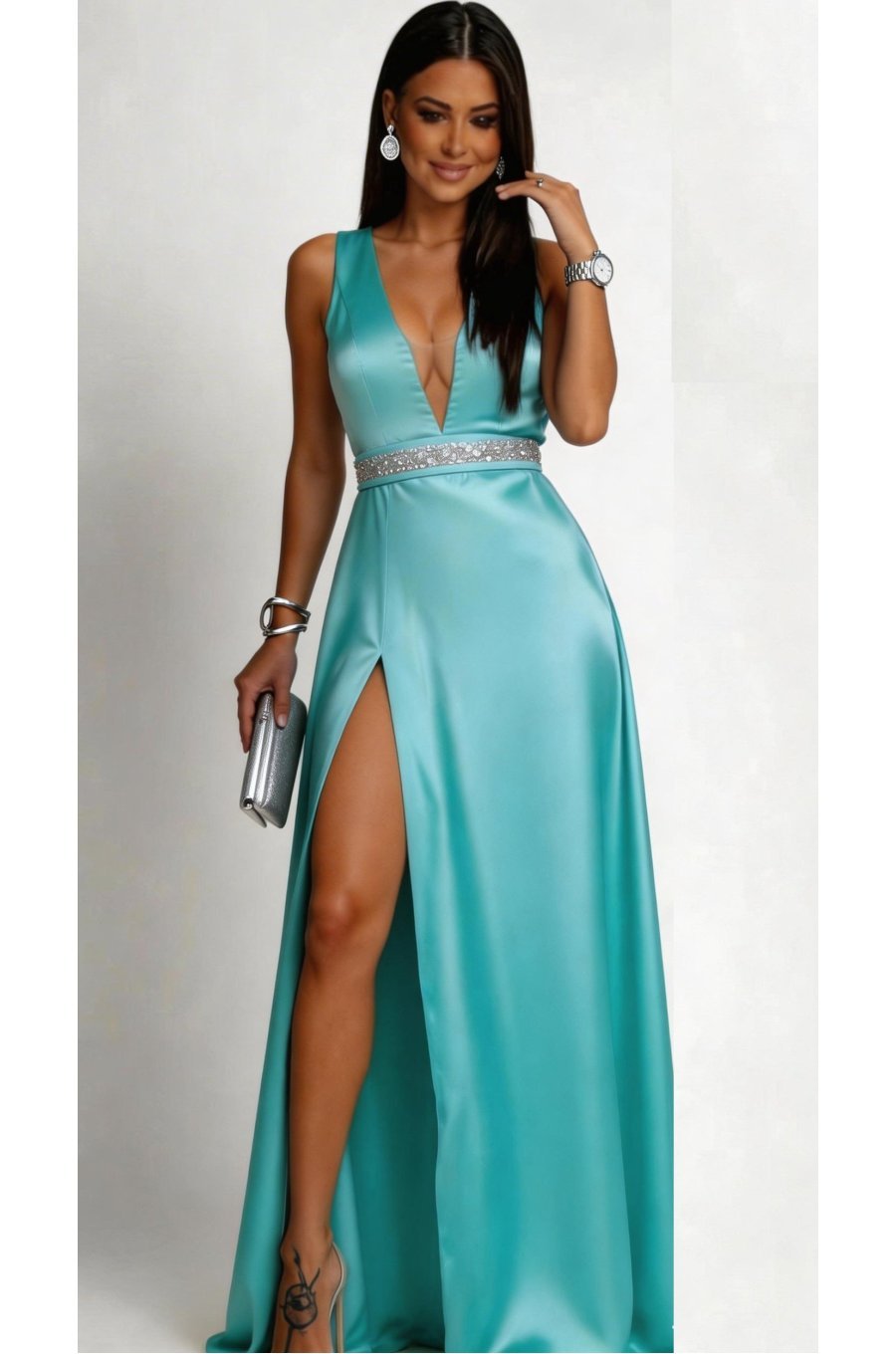 Rochie lunga din tafta menta Carra 1 - jojofashion.ro