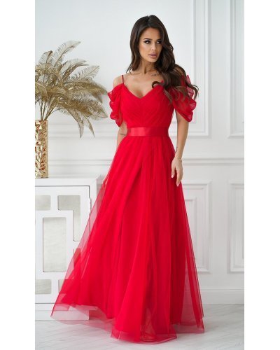 Rochie lunga eleganta rosie din tulle vaporoasa cu umerii goi FloraY Rochii lungi, Rochie lunga eleganta rosie din tulle vaporoasa cu umerii goi FloraY - jojofashion.ro