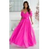 Rochie eleganta lunga din tulle roz fucsia vaporoasa cu umerii goi FloraY