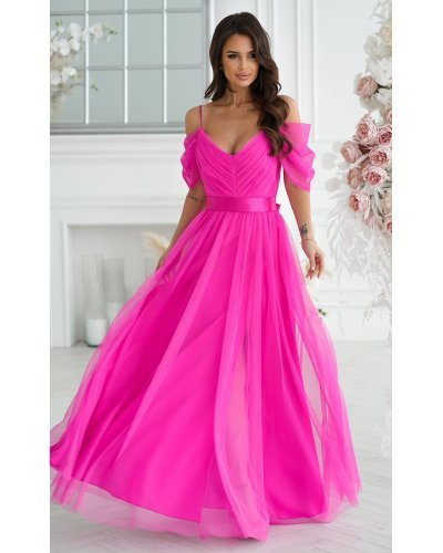 Rochie eleganta lunga din tulle roz fucsia vaporoasa cu umerii goi FloraY Rochii lungi, Rochie eleganta lunga din tulle roz fucsia vaporoasa cu umerii goi FloraY - jojofashion.ro