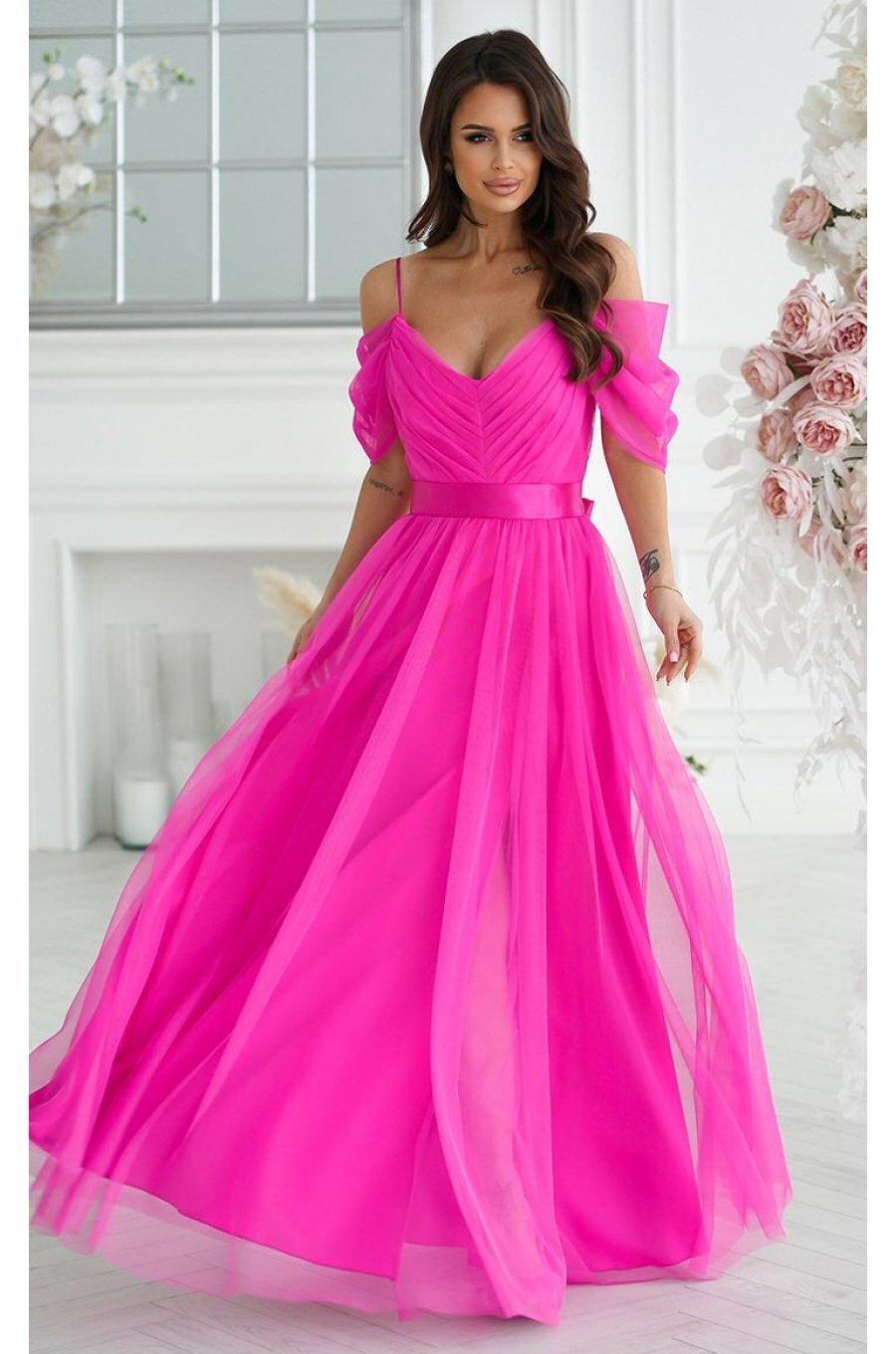 Rochie eleganta lunga, din tulle, roz fucsia, vaporoasa, cu umerii goi, FloraY 1 - jojofashion.ro