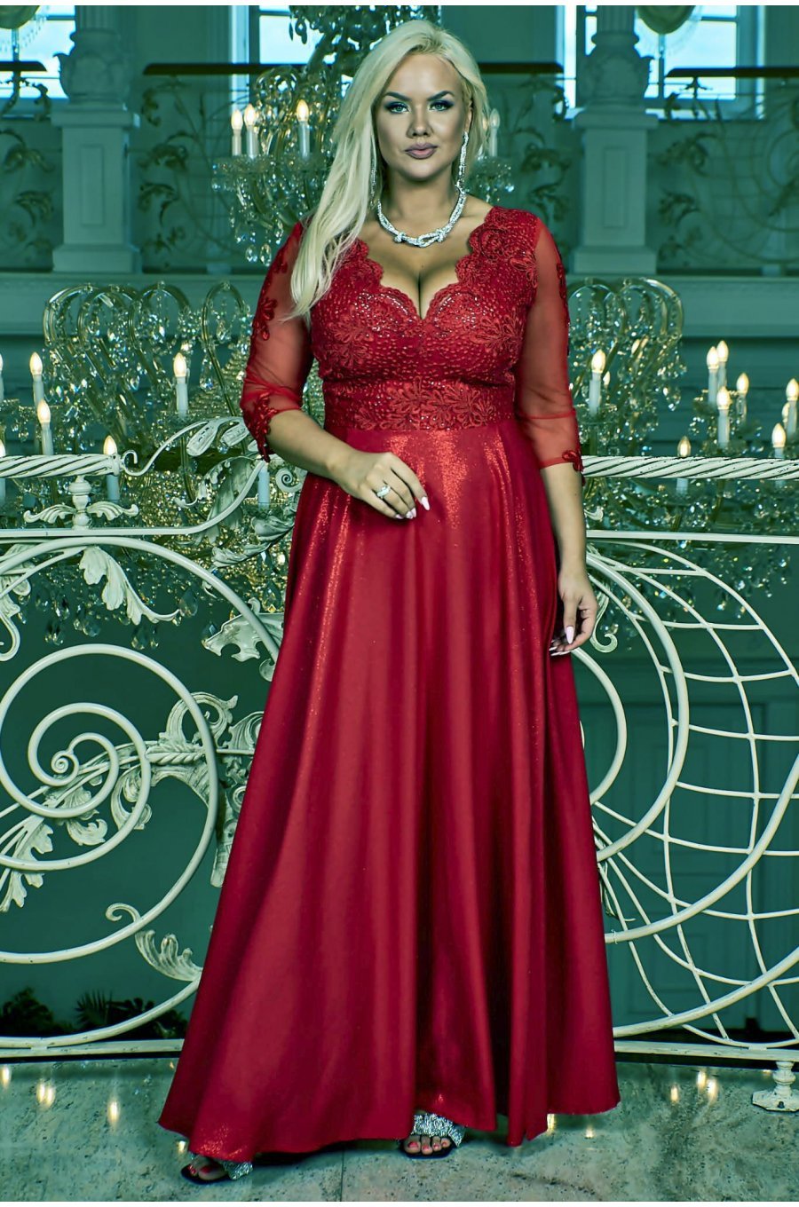 Rochie lunga XXL din dantela si brocard burgundy Adalyze Rochie lunga XXL din dantela si brocard burgundy Adalyze 3 - jojofashion.ro
