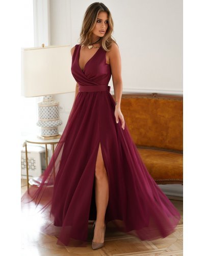 Rochie lunga din tulle si vascoza burgundy, vaporoasa, Andreea Rochii lungi, Rochie lunga din tulle si vascoza burgundy, vaporoasa, Andreea - jojofashion.ro