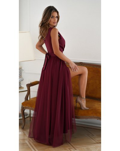 Rochie lunga din tulle si vascoza burgundy, vaporoasa, Andreea Rochii lungi, Rochie lunga din tulle si vascoza burgundy, vaporoasa, Andreea - jojofashion.ro