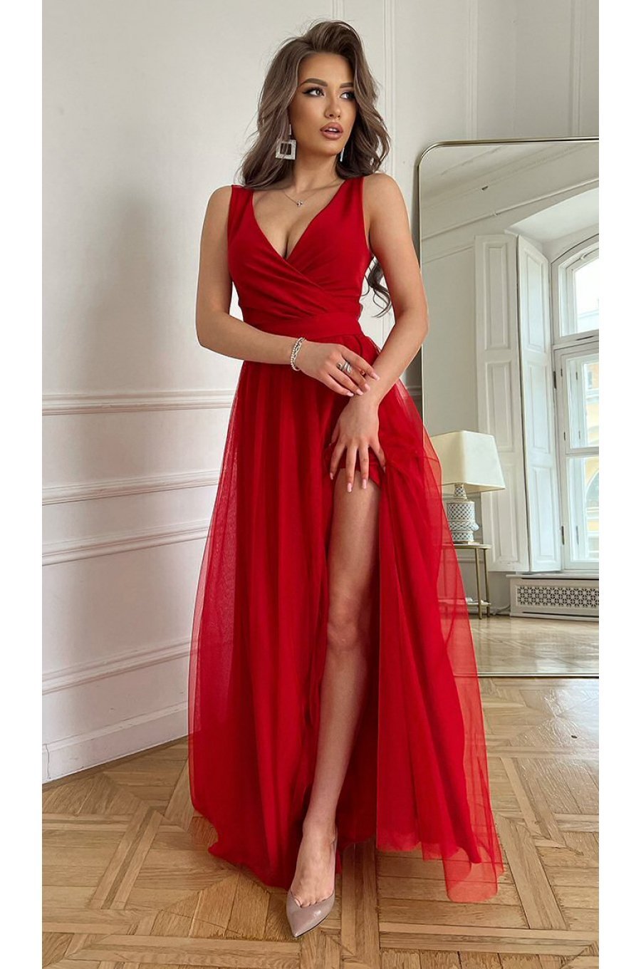 Rochie lunga rosie vaporoasa din tulle si vascoza Andreea 1 - jojofashion.ro
