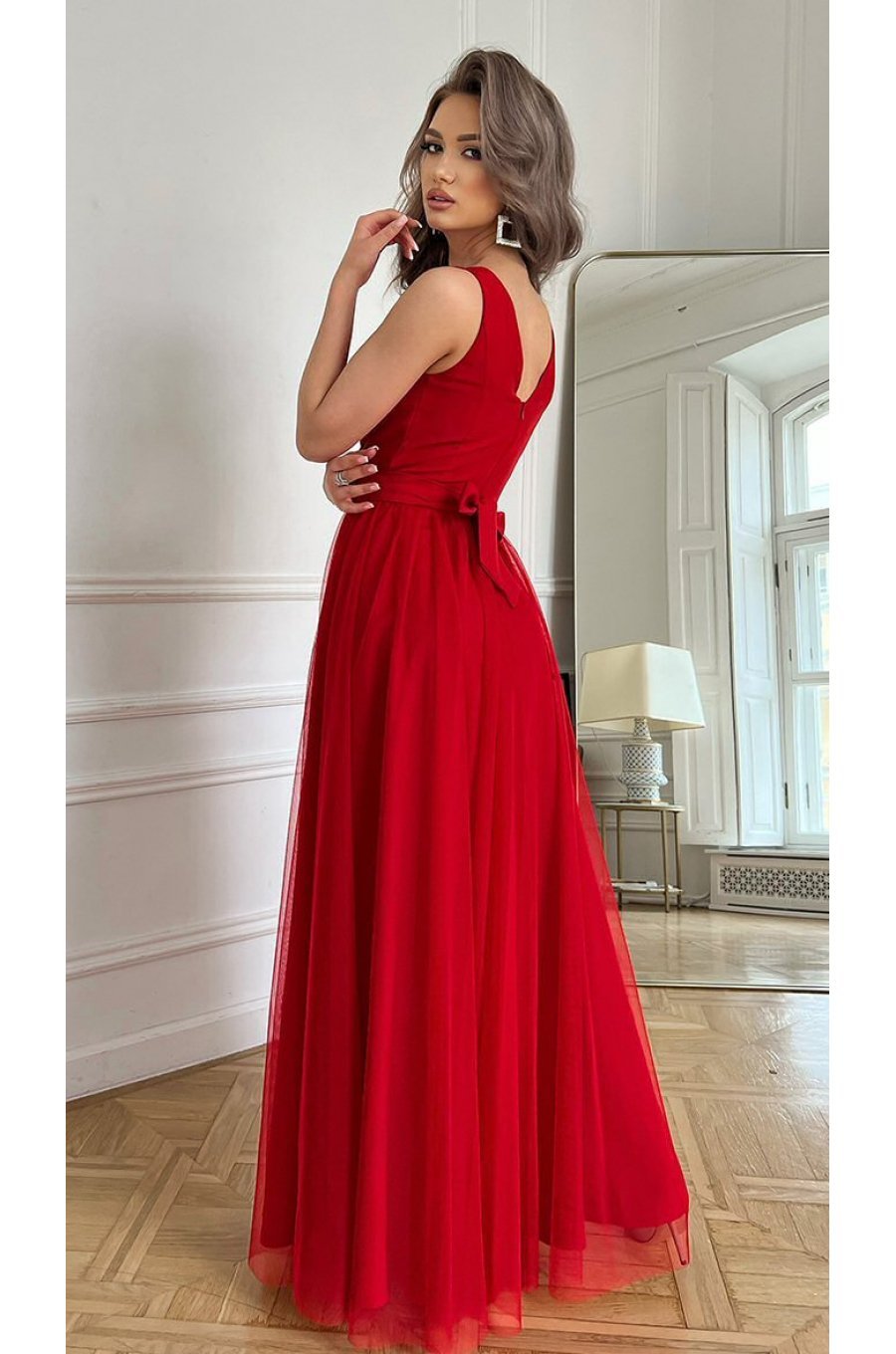 Rochie lunga rosie vaporoasa din tulle si vascoza Andreea 2 - jojofashion.ro
