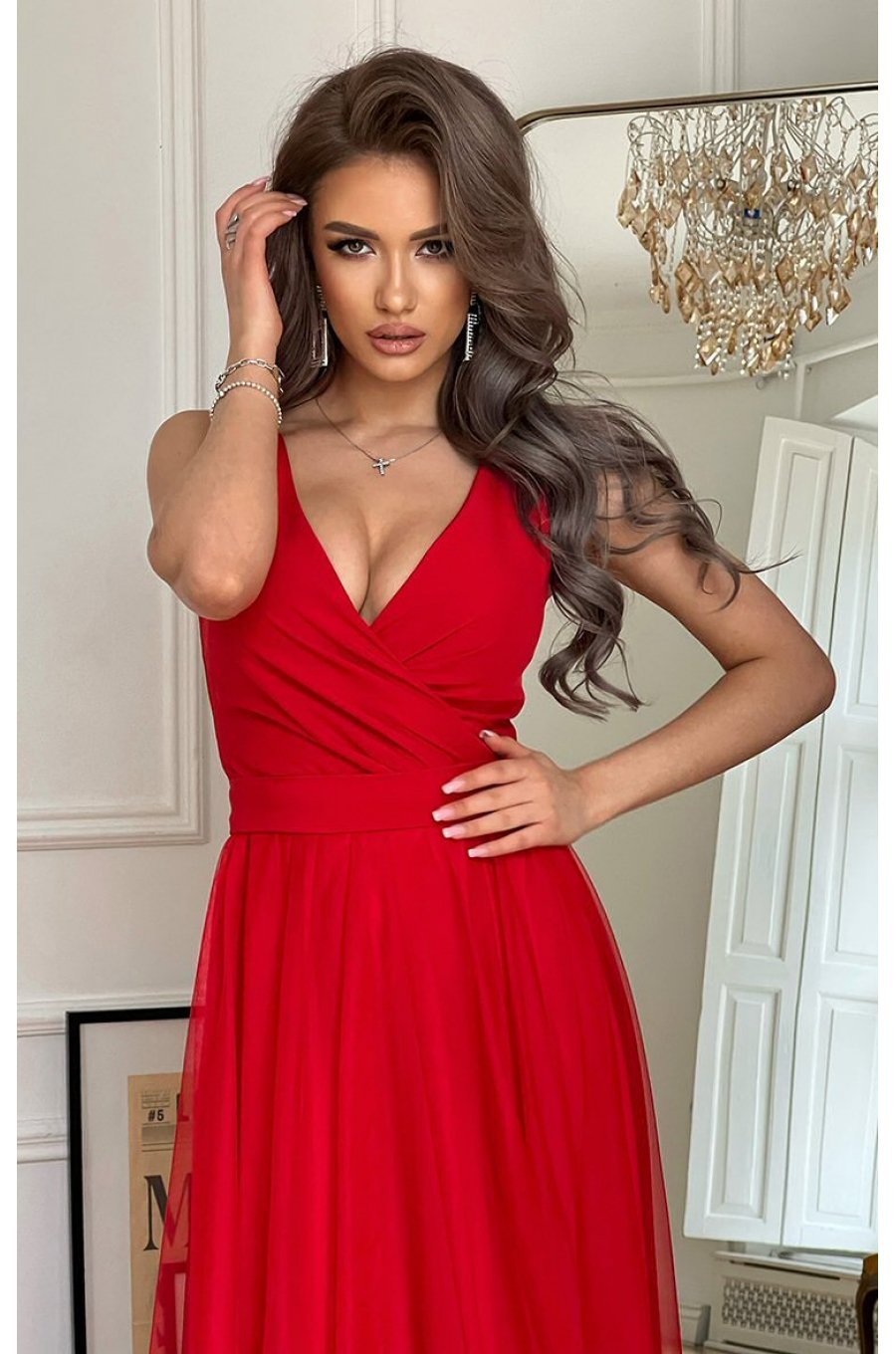 Rochie lunga rosie vaporoasa din tulle si vascoza Andreea 3 - jojofashion.ro