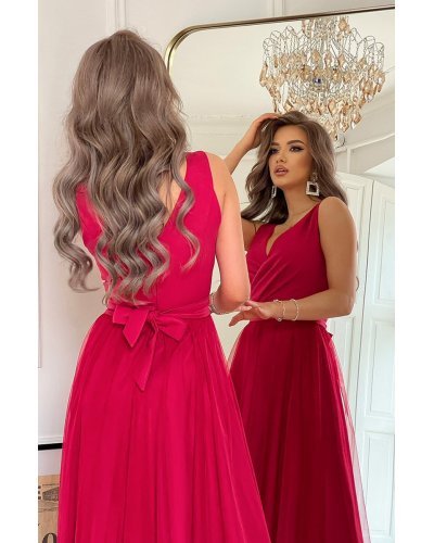 Rochie lunga roz zmeura vaporoasa din tulle si vascoza Andreea - jojofashion.ro