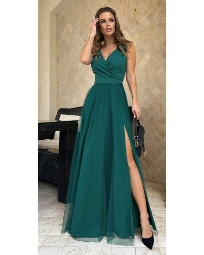 Rochie lunga din tul si vascoza verde, vaporoasa, Andreea Rochii lungi, Rochie lunga din tul si vascoza verde, vaporoasa, Andreea - jojofashion.ro