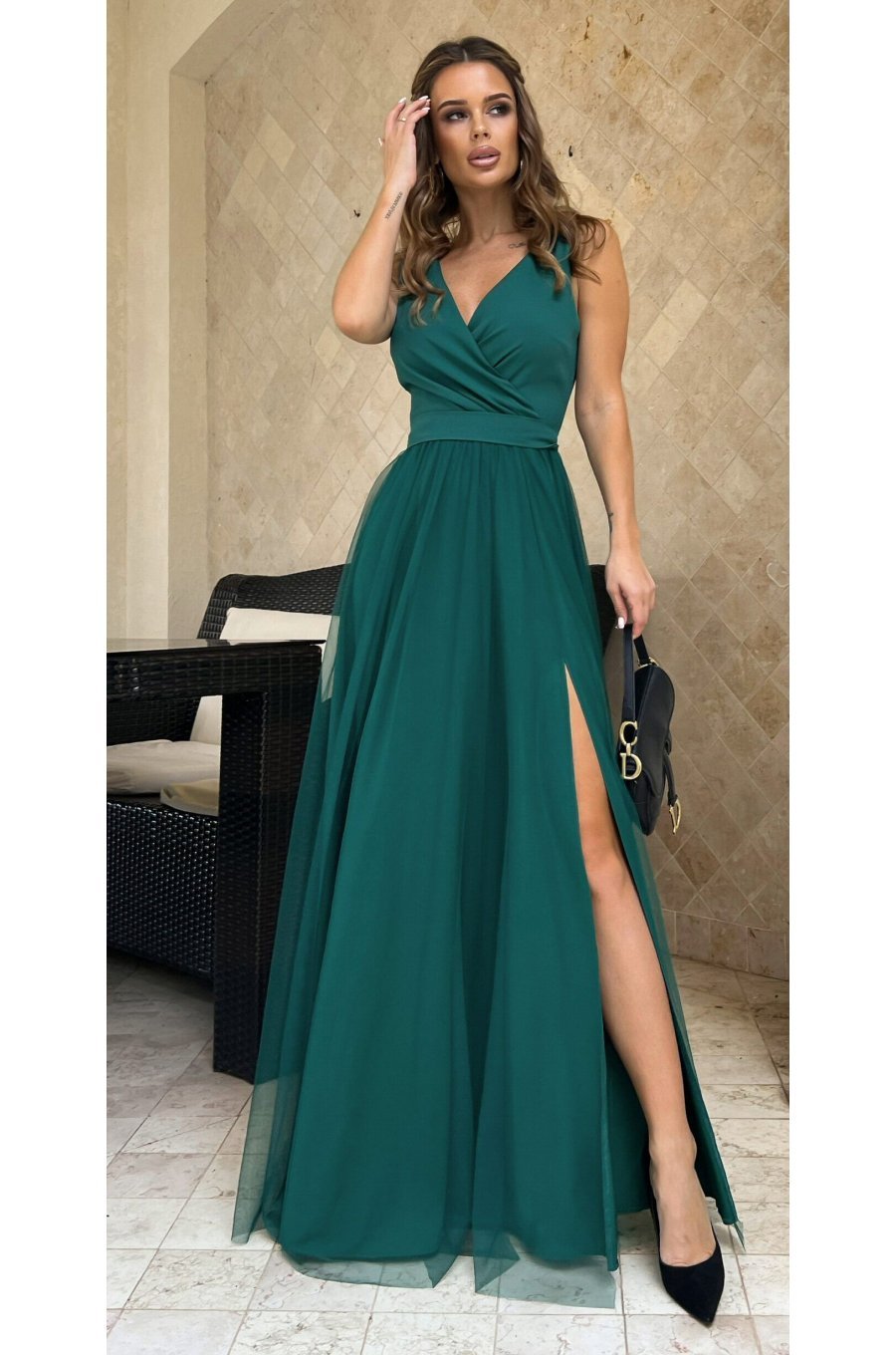 Rochie lunga din tul si vascoza verde, vaporoasa, Andreea 1 - jojofashion.ro