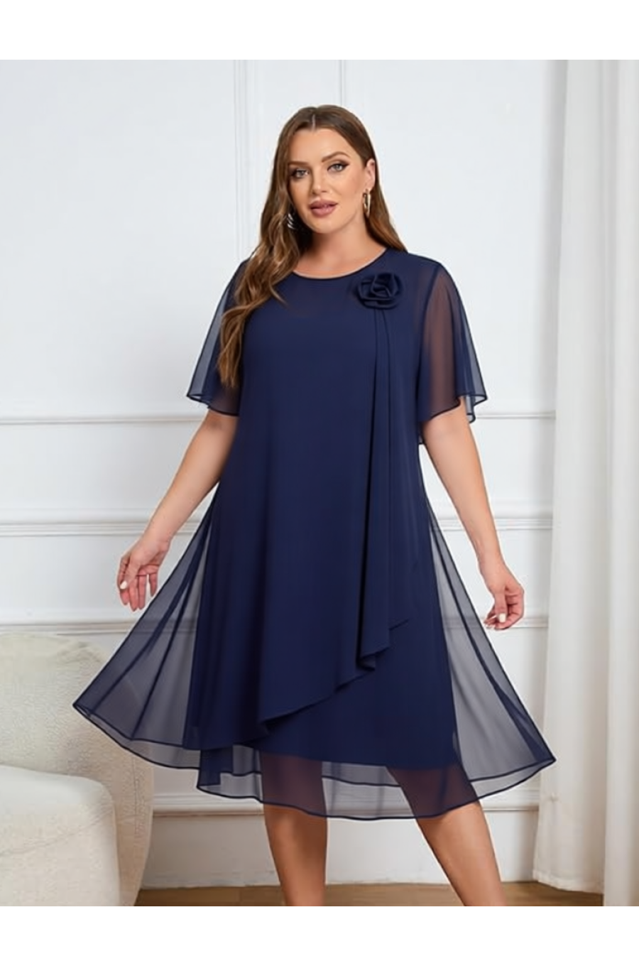 Rochie marime mare midi bleumarin din voal vaporoasa Karina 4 - jojofashion.ro