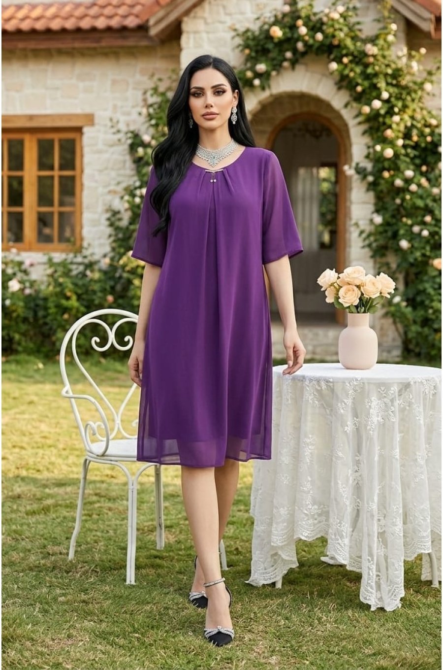 Rochie marime mare midi mov pruma din voal vaporoasa Ilinca 2 - jojofashion.ro