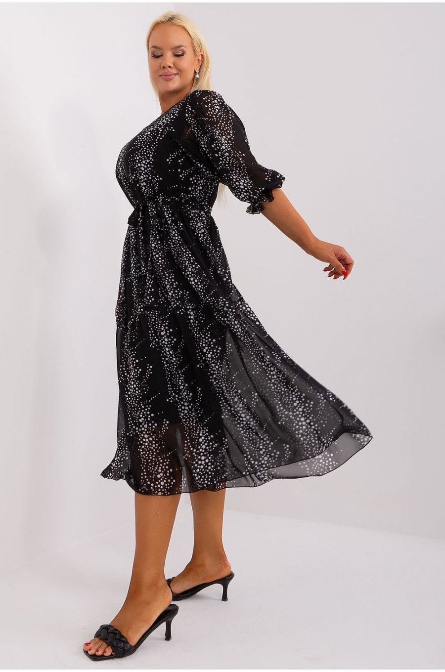 Rochie midi neagra cu print alb Dianna 3 - jojofashion.ro