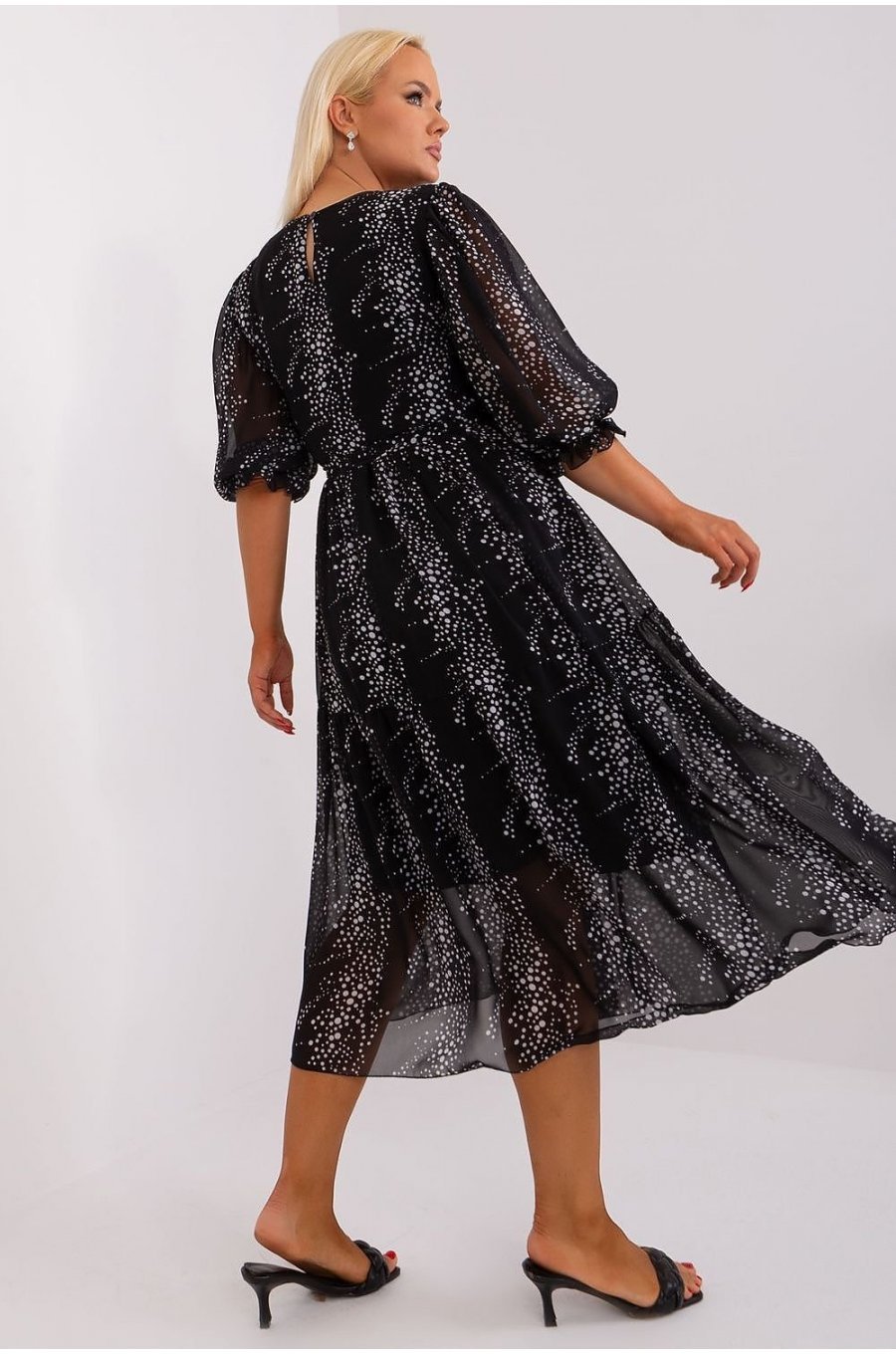 Rochie midi neagra cu print alb Dianna 2 - jojofashion.ro