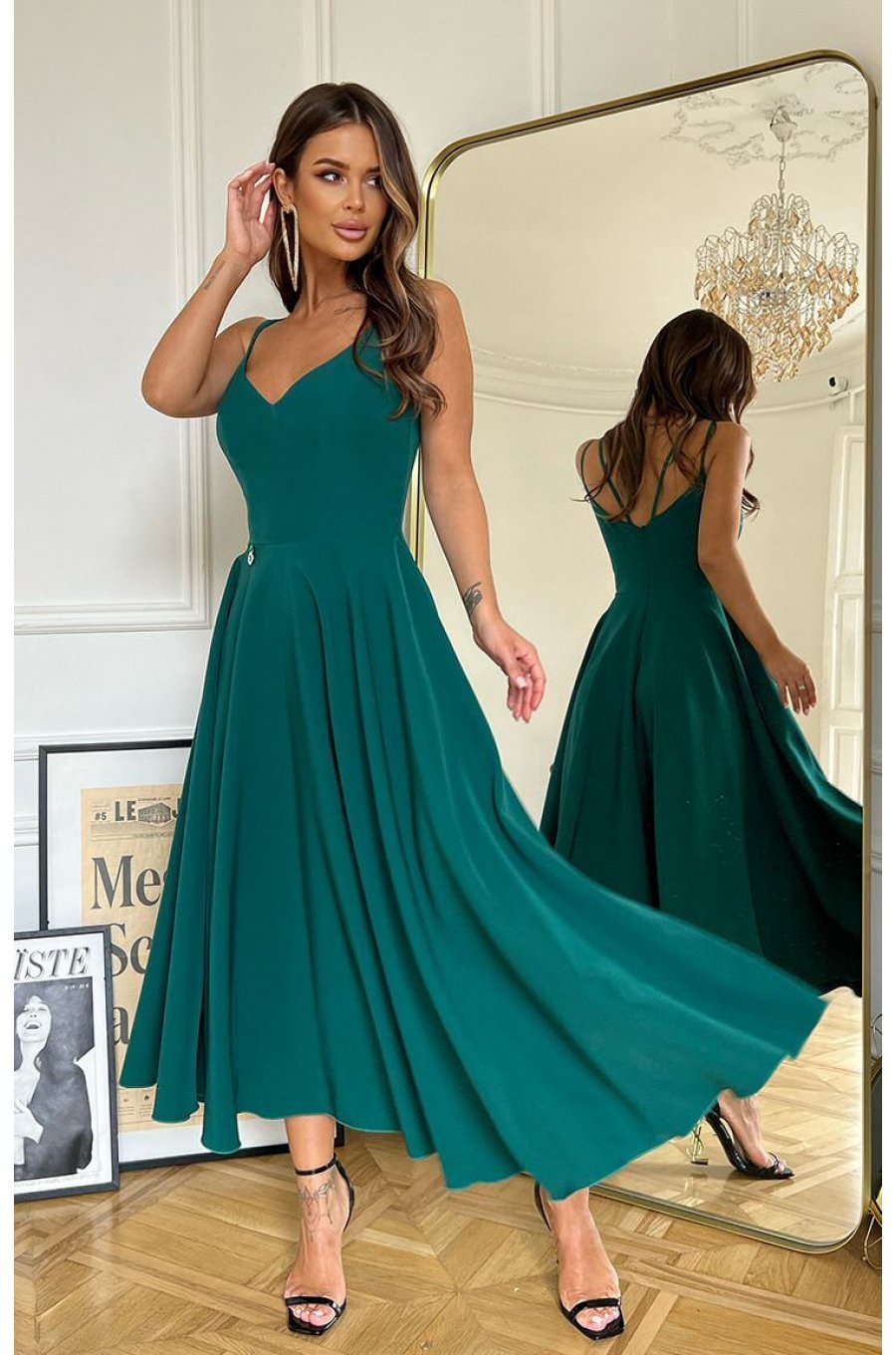 Rochie midi in clos, verde, cu umerii goi, vaporoasa, Fabiola  1 - jojofashion.ro