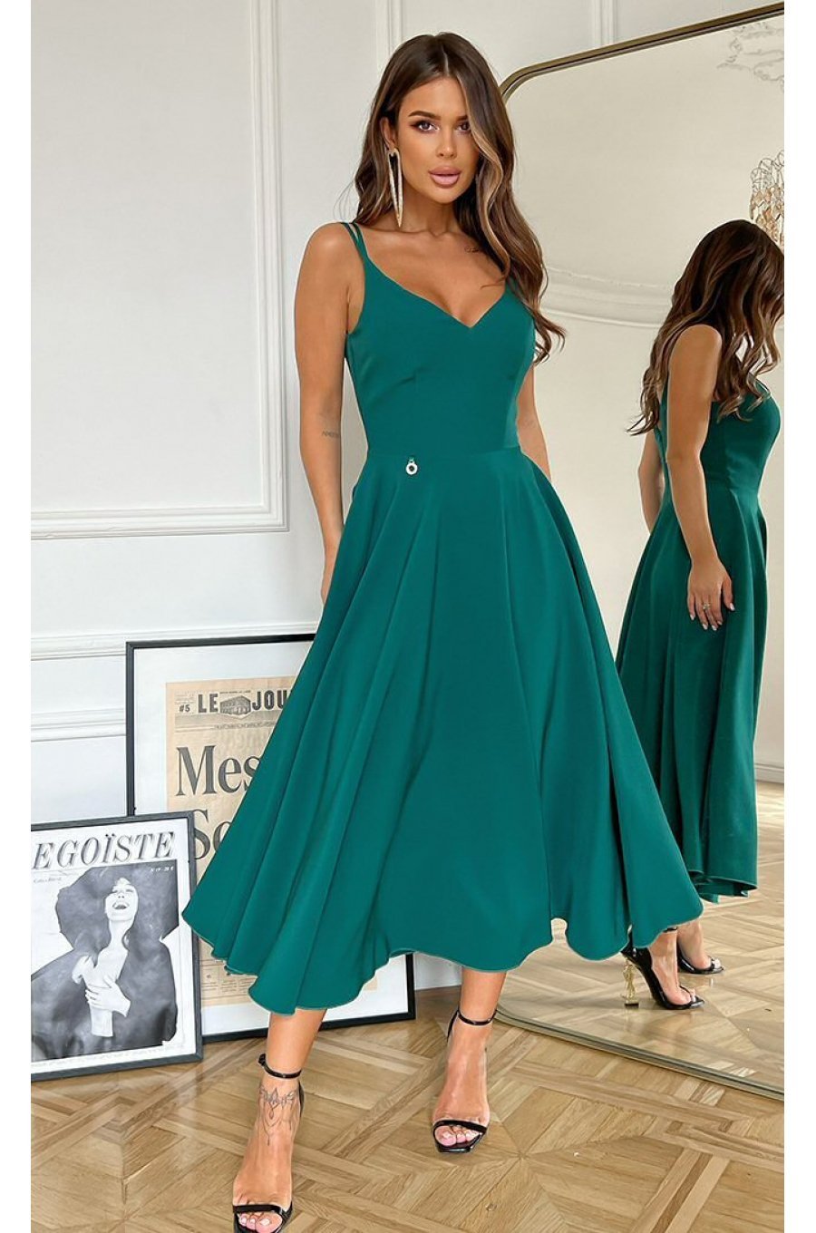 Rochie midi in clos, verde, cu umerii goi, vaporoasa, Fabiola  3 - jojofashion.ro