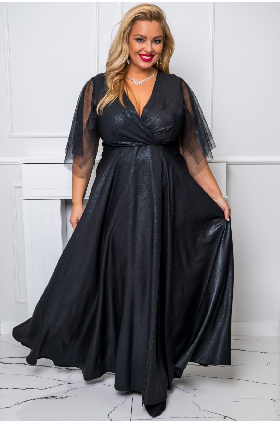 Rochie lunga neagra XXL din brocard empire vaporoasa Evita 1 - jojofashion.ro