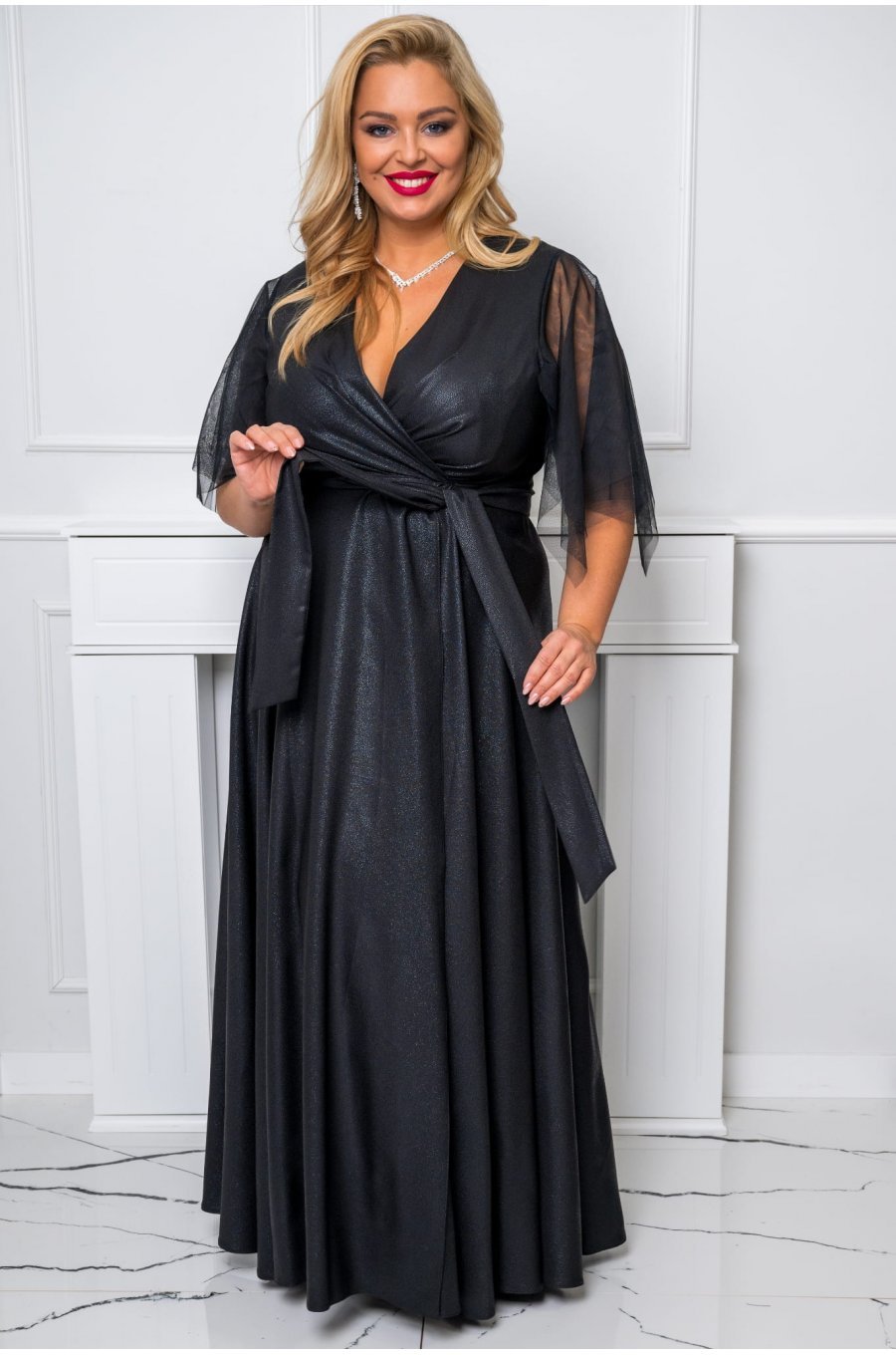 Rochie lunga neagra XXL din brocard empire vaporoasa Evita 3 - jojofashion.ro