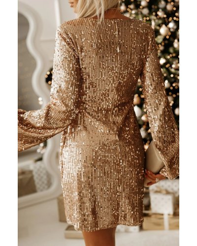Rochie scurta aurie din paiete cu maneca lunga OpheliaR Tinute de petrecere, Rochie scurta aurie din paiete cu maneca lunga OpheliaR - jojofashion.ro