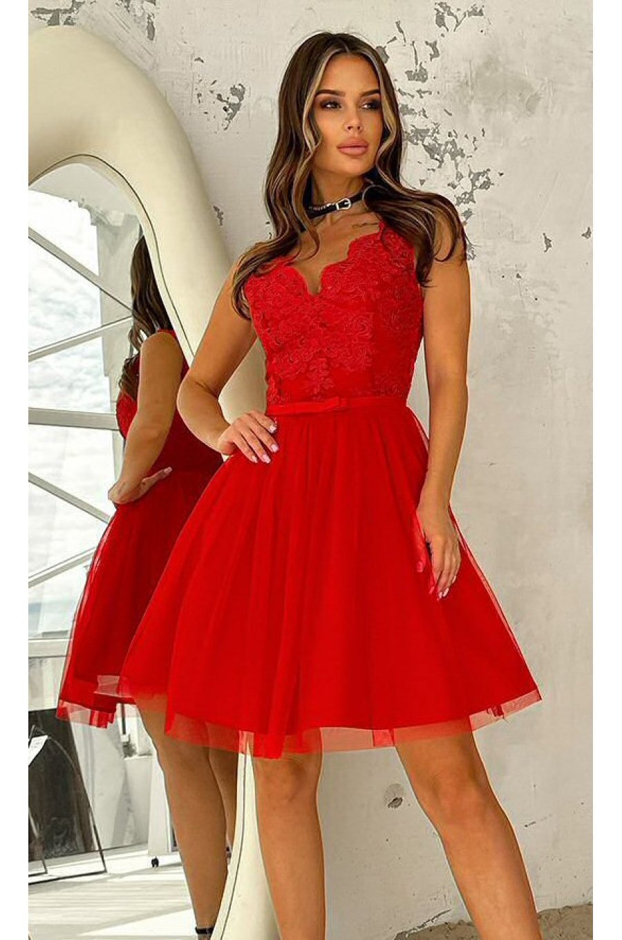 Rochie scurta, rosie, baby doll, din tul, dantela, Ecaterina 1 - jojofashion.ro