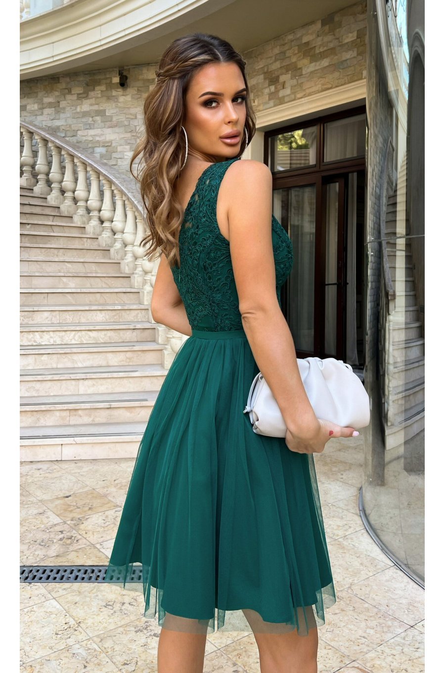 Rochie baby doll scurta verde din tul si dantela Ecaterina 2 - jojofashion.ro