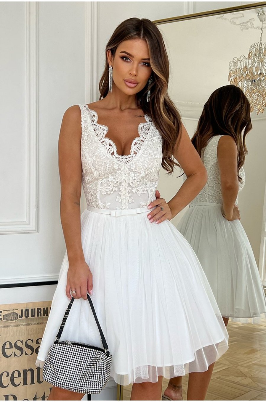 Rochie cununie civila midi, din tul si broderie, alba, Ecaterina 3 - jojofashion.ro