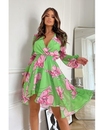 Rochii de vara, Rochie scurta verde light cu flori roz din chiffon cu maneca lunga Nastya - jojofashion.ro
