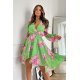Rochie scurta verde light cu flori roz din chiffon cu maneca lunga Nastya 2 - jojofashion.ro