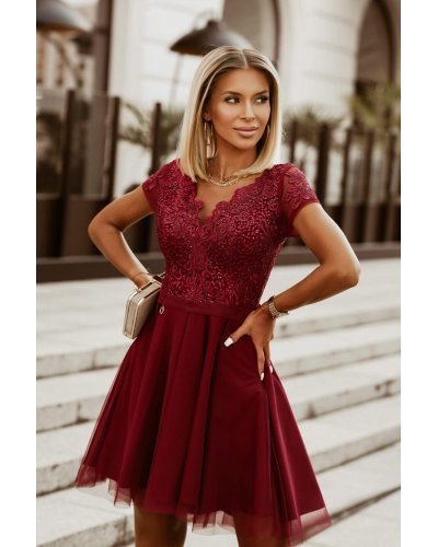 Rochie scurta cu tul si broderie burgundy Paloma Rochii burgundy, Rochie scurta cu tul si broderie burgundy Paloma - jojofashion.ro