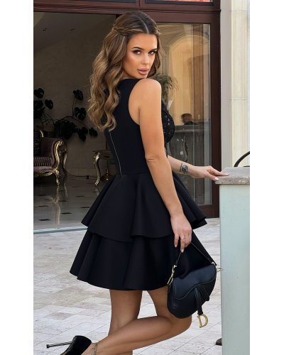 Rochie de ocazie, baby doll, scurta, cu dantela, neagra si volane suprapuse, Caryne Rochii de Ocazie Elegante, Rochie de ocazie, baby doll, scurta, cu dantela, neagra si volane suprapuse, Caryne - jojofashion.ro