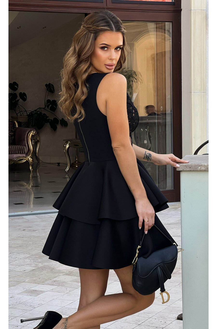 Rochie de ocazie, baby doll, scurta, cu dantela, neagra si volane suprapuse, Caryne 2 - jojofashion.ro