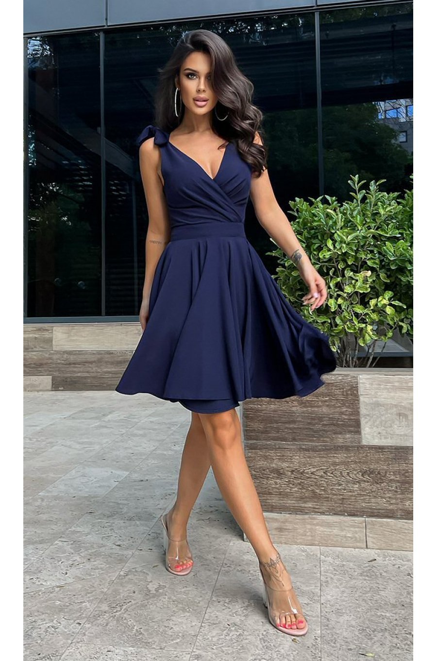 Rochie baby doll scurta din vascoza bleumarin Katalina 2 - jojofashion.ro