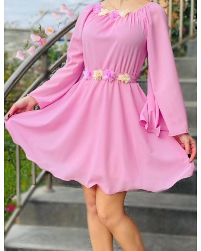 Rochie scurta roz din voal cu maneca lunga Raisa Rochii scurte, Rochie scurta roz din voal cu maneca lunga Raisa - jojofashion.ro
