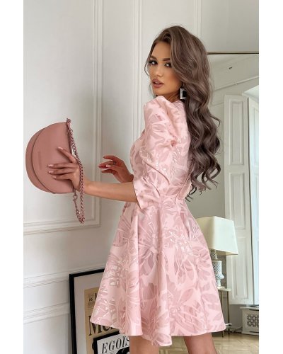 Rochie eleganta baby doll, vascoza roz pudra, cu flori, Coralia Rochii de zi, Rochie eleganta baby doll, vascoza roz pudra, cu flori, Coralia - jojofashion.ro
