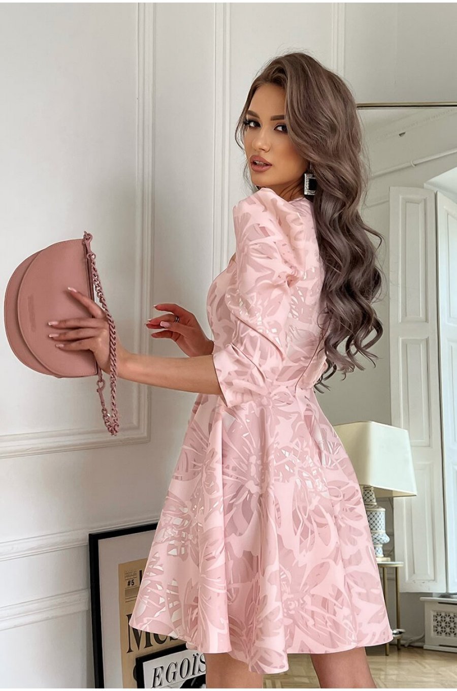 Rochie eleganta baby doll, vascoza roz pudra, cu flori, Coralia 2 - jojofashion.ro