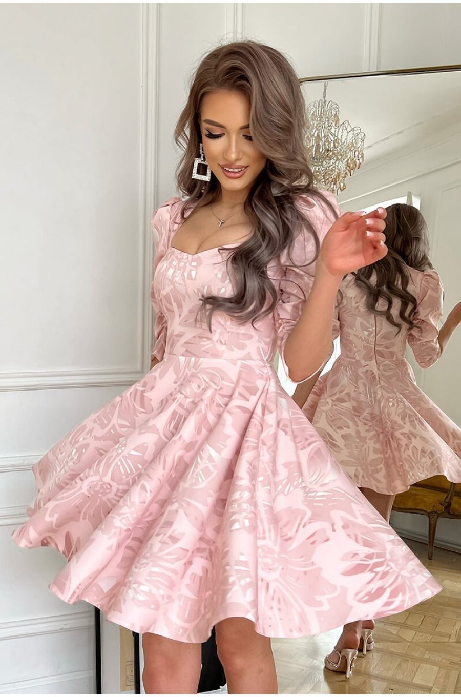Rochie eleganta baby doll, vascoza roz pudra, cu flori, Coralia 3 - jojofashion.ro