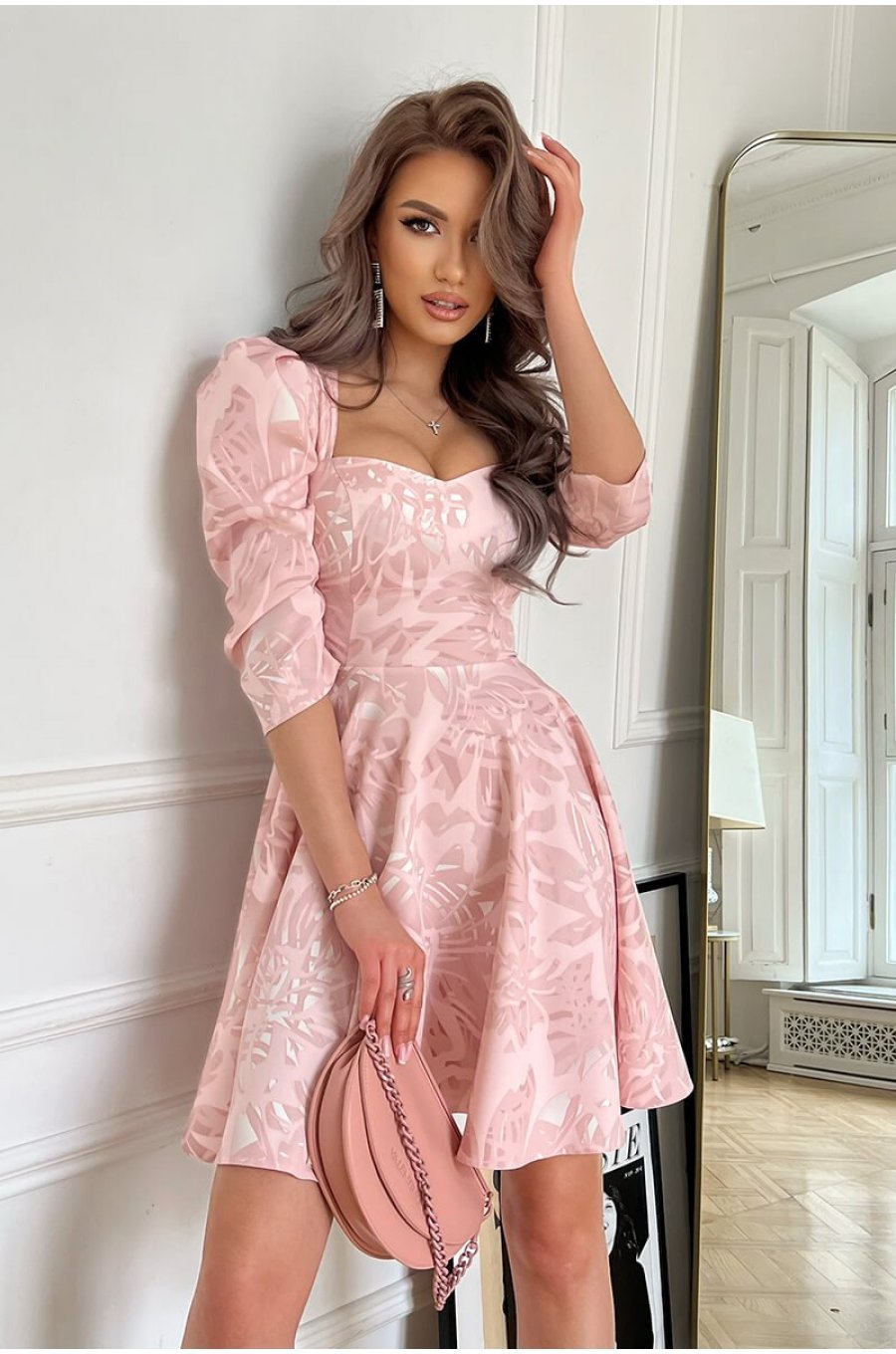 Rochie eleganta baby doll, vascoza roz pudra, cu flori, Coralia 4 - jojofashion.ro