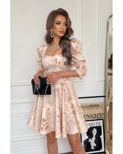 Rochie eleganta, baby doll, vascoza, bej, cu flori, Coralia Rochii de Ocazie Elegante, Rochie eleganta, baby doll, vascoza, bej, cu flori, Coralia - jojofashion.ro