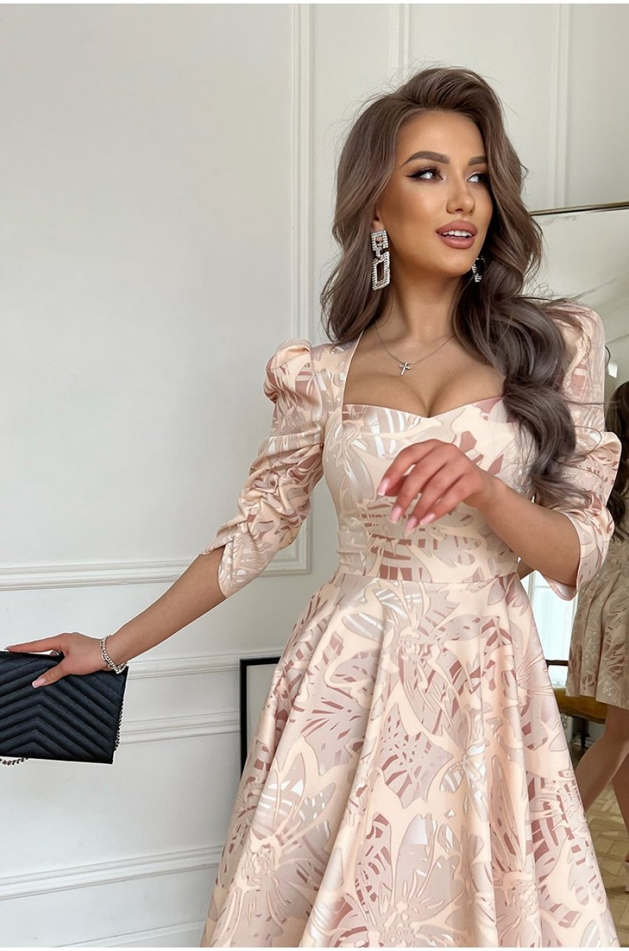 Rochie eleganta, baby doll, vascoza, bej, cu flori, Coralia 3 - jojofashion.ro
