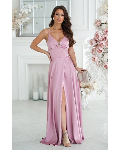 Rochie lunga din satin roz pudrat Aleeza Rochii lungi, Rochie lunga din satin roz pudrat Aleeza - jojofashion.ro