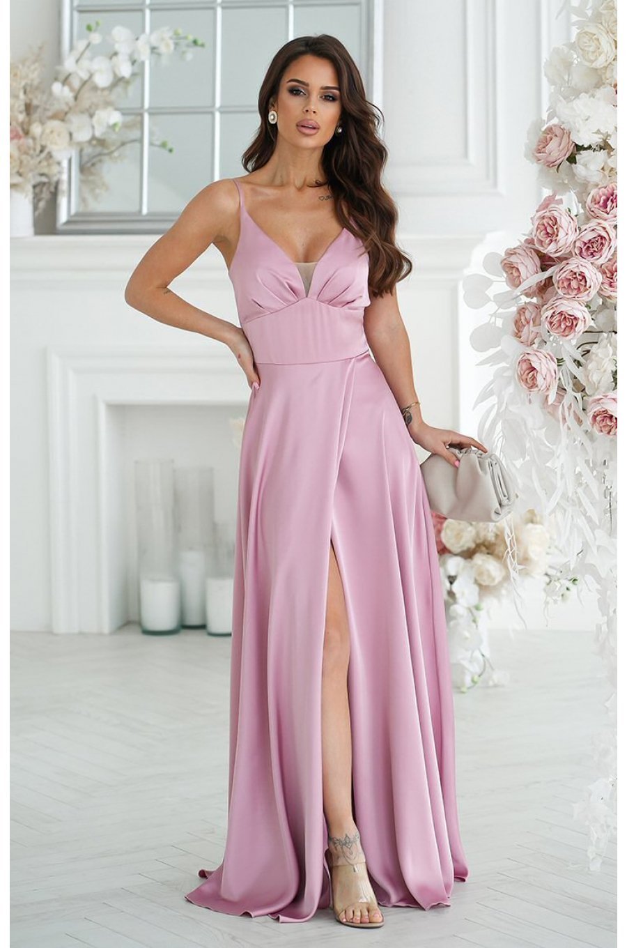 Rochie eleganta lunga, din satin, roz pudrat, Aleeza 1 - jojofashion.ro