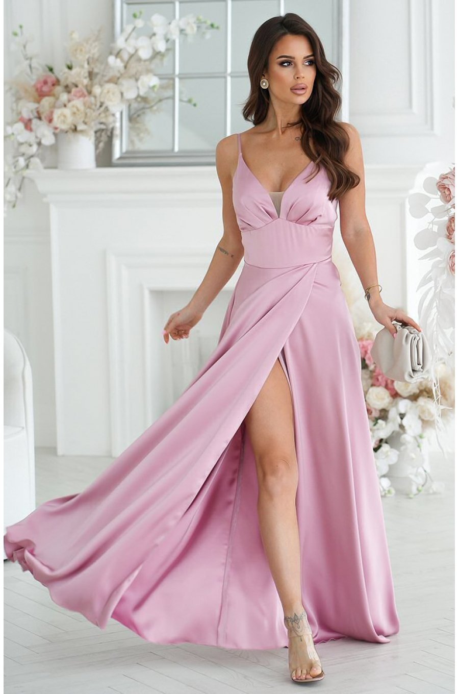 Rochie lunga din satin roz pudrat Aleeza 2 - jojofashion.ro