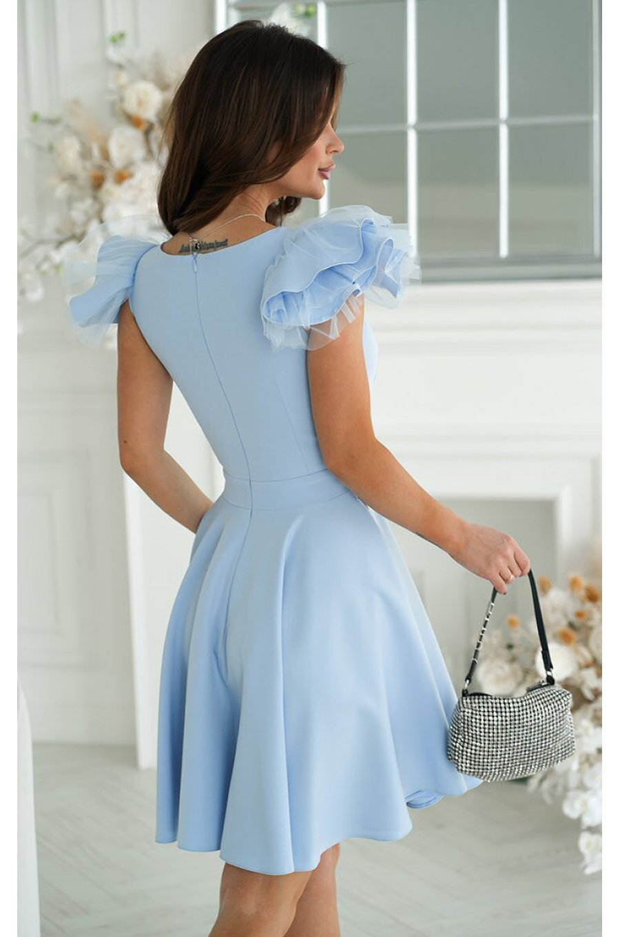 Rochie baby doll scurta, din vascoza, baby blue, cu volan la maneca, Samuela 2 - jojofashion.ro