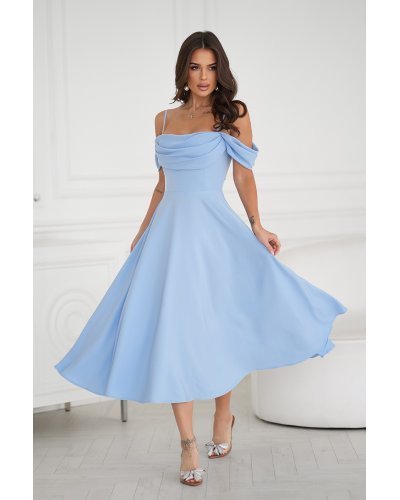 Rochie baby doll, midi, baby blue, cu umerii goi, evazata, Anelisa Rochii cununie civila, Rochie baby doll, midi, baby blue, cu umerii goi, evazata, Anelisa - jojofashion.ro