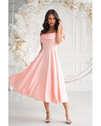 Rochie baby doll midi roz caisa cu umerii goi evazata Anelisa Rochii de Ocazie Elegante, Rochie baby doll midi roz caisa cu umerii goi evazata Anelisa - jojofashion.ro