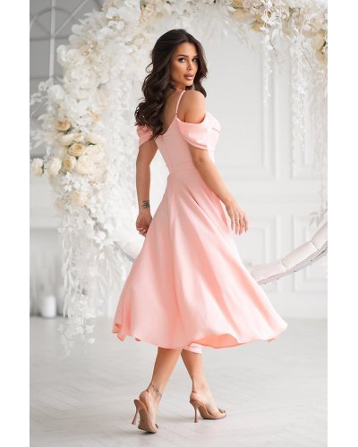 Rochie baby doll midi roz caisa cu umerii goi evazata Anelisa Rochii de Ocazie Elegante, Rochie baby doll midi roz caisa cu umerii goi evazata Anelisa - jojofashion.ro