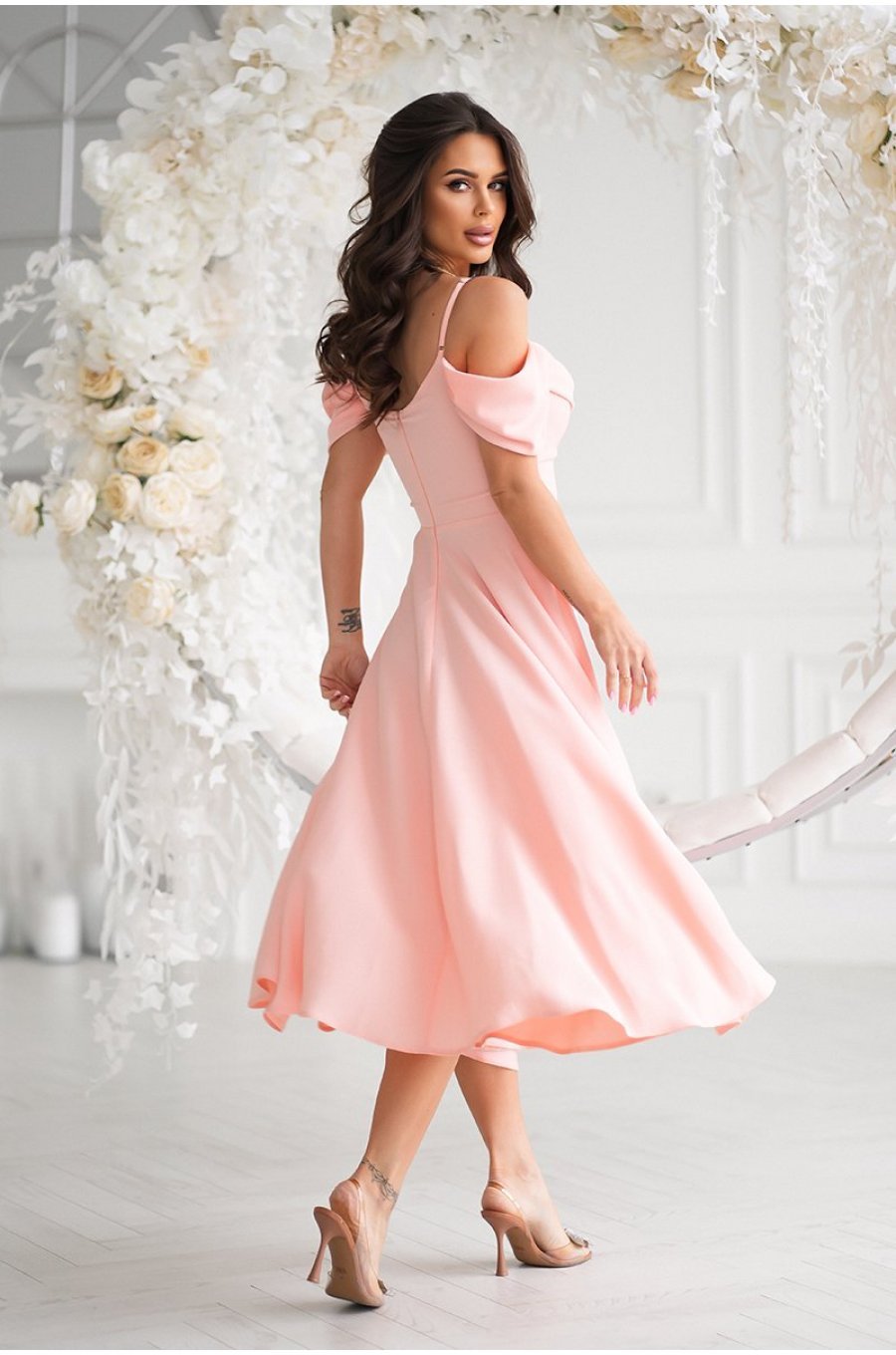 Rochie baby doll midi roz caisa cu umerii goi evazata Anelisa 2 - jojofashion.ro